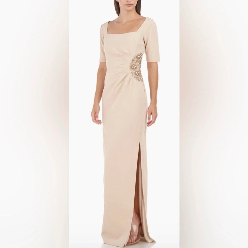 JS Collection Ashley Draped‎ Column Gown Champagne Beaded Formal Dress Sz 12 NWT